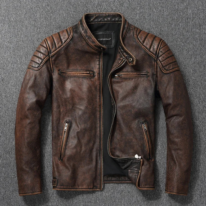 2025 New Leather Jacket Top Layer 100% Cowhide Leather Clothes Men's Stand Collar Motorcycle Clothes Autumn Winter Plus Size