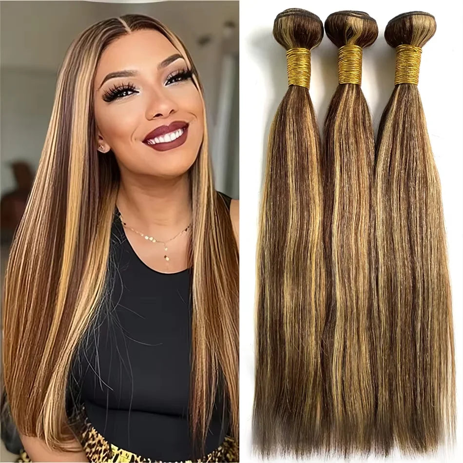32 Inch P4/27 Straight Bundle Brazilian Hair For Women 100% Human Hair Weaves Highlight Brown Color Hair 1 3 4 Pcs Bundle Deals