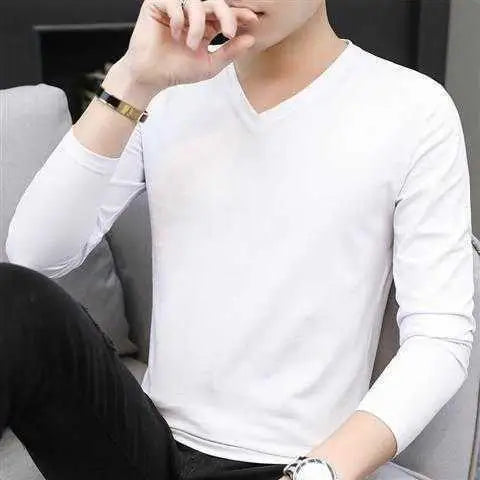 Men's Autumn Winter Ice Silk Long Sleeve T-Shirt Pure Color V-Neck Undershirt White Clothes New Trendy Inner Top Bottoming Shirt