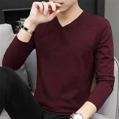 Men's Autumn Winter Ice Silk Long Sleeve T-Shirt Pure Color V-Neck Undershirt White Clothes New Trendy Inner Top Bottoming Shirt