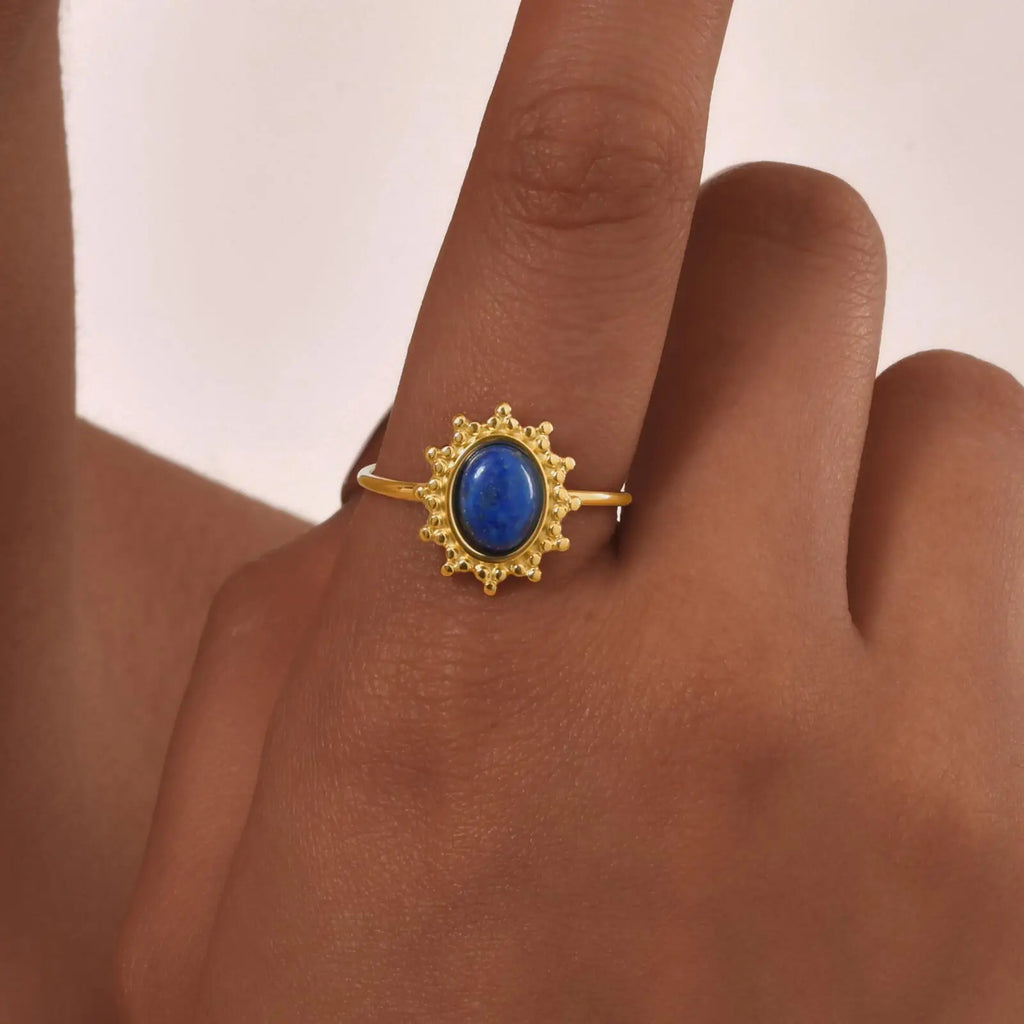 Waterproof Oval Healing Nature Stone Ring for Women, Stainles Steel Gold Plated Open Adjustable Finger Ring Vintage Jewelry