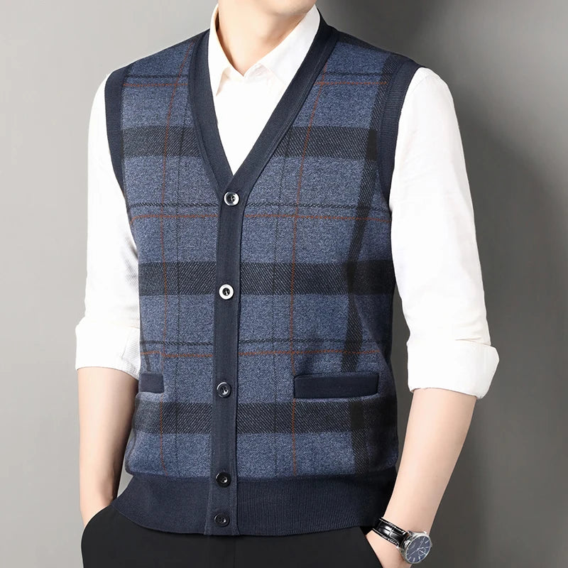 Autumn Winter Men's Sweater Vest Casual Sleeveless Knit Jackets Men Fashion Plaid V-neck Cardigans Man Clothes Knitted Waistcoat