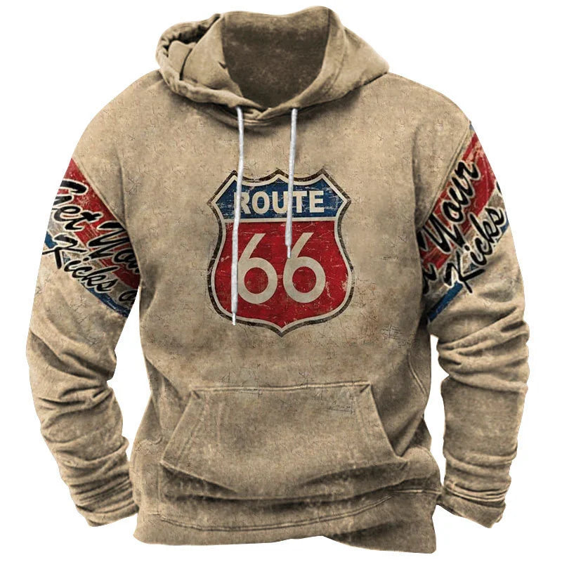 Vintage 66 Route Pullovers For Men Printed Biker Motor Sweatshirt Man Clothes Oversized Long Sleeve Top Tee Shirt Men's Hoodies