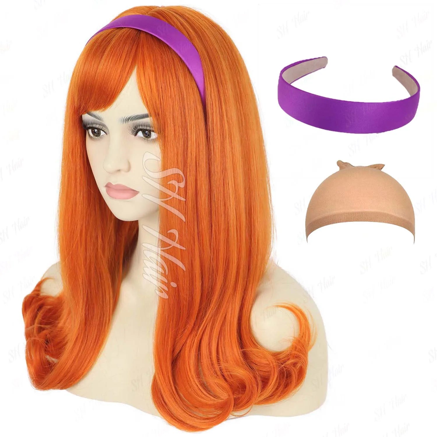 Synthetic Long Curly Orange Wig+Purple Headband Daphne Wig,Brown Wig with Bangs+Glasses+Magnifying Glass Velma Wig for Halloween