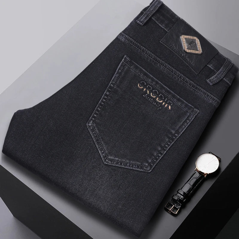 2024 Autumn Winter New High Elasticity Men's Business Jeans Haze Blue Black Gray Denim Trousers Men's Pants Work Clothes Brand