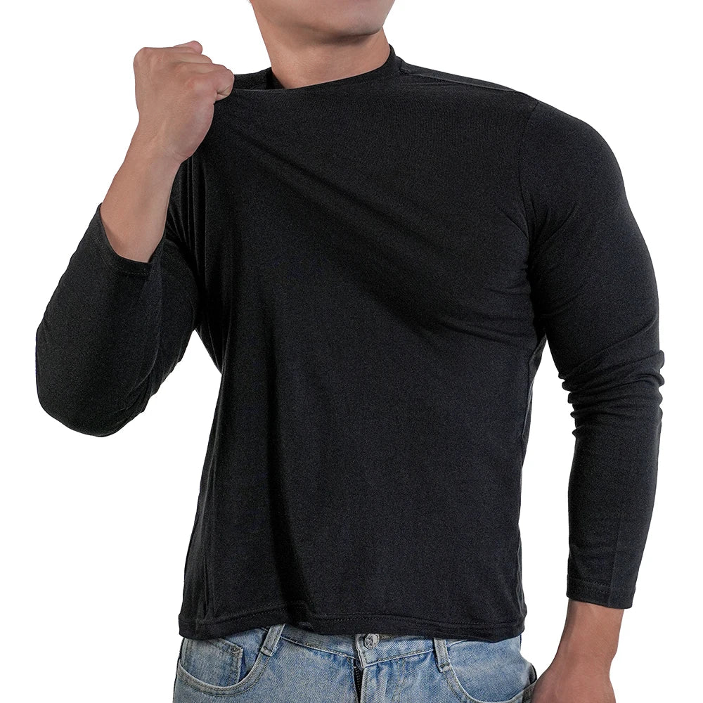 Black White Men's Long Sleeve T Shirt Crew Round Neck Casual Cotton Tops M-3XL Man Plus Size T-Shirt Clothes High Stretch