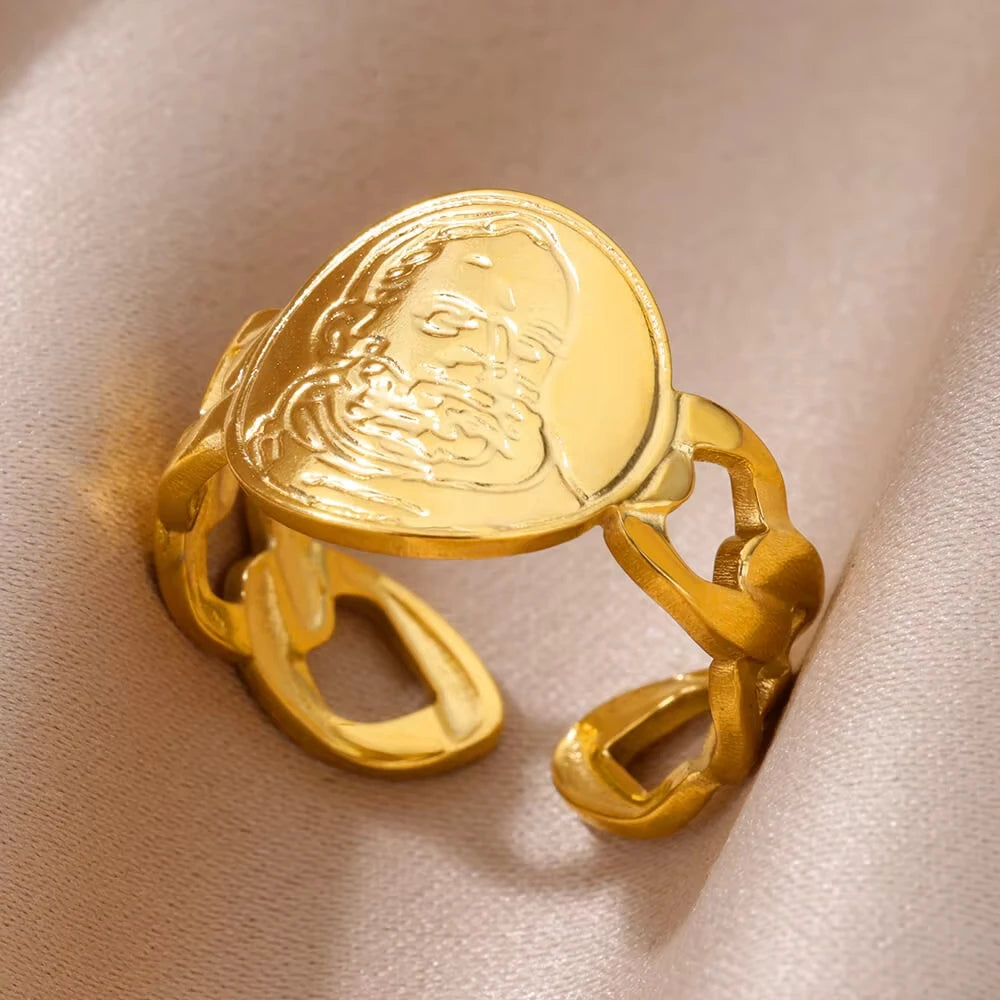 Vintage Stainless Steel Portrait Pearl Zircon Gold Plated  Rings For Women Luxury Coin Imitation Finger Ring Personality Jewelry
