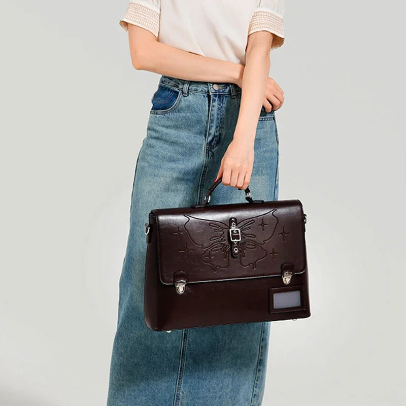 Genuine Leather Women Tote Bag College Style School Bag Vintage Women's Backpack 16 Inch Computer Cowhide Shoulder Bags 633