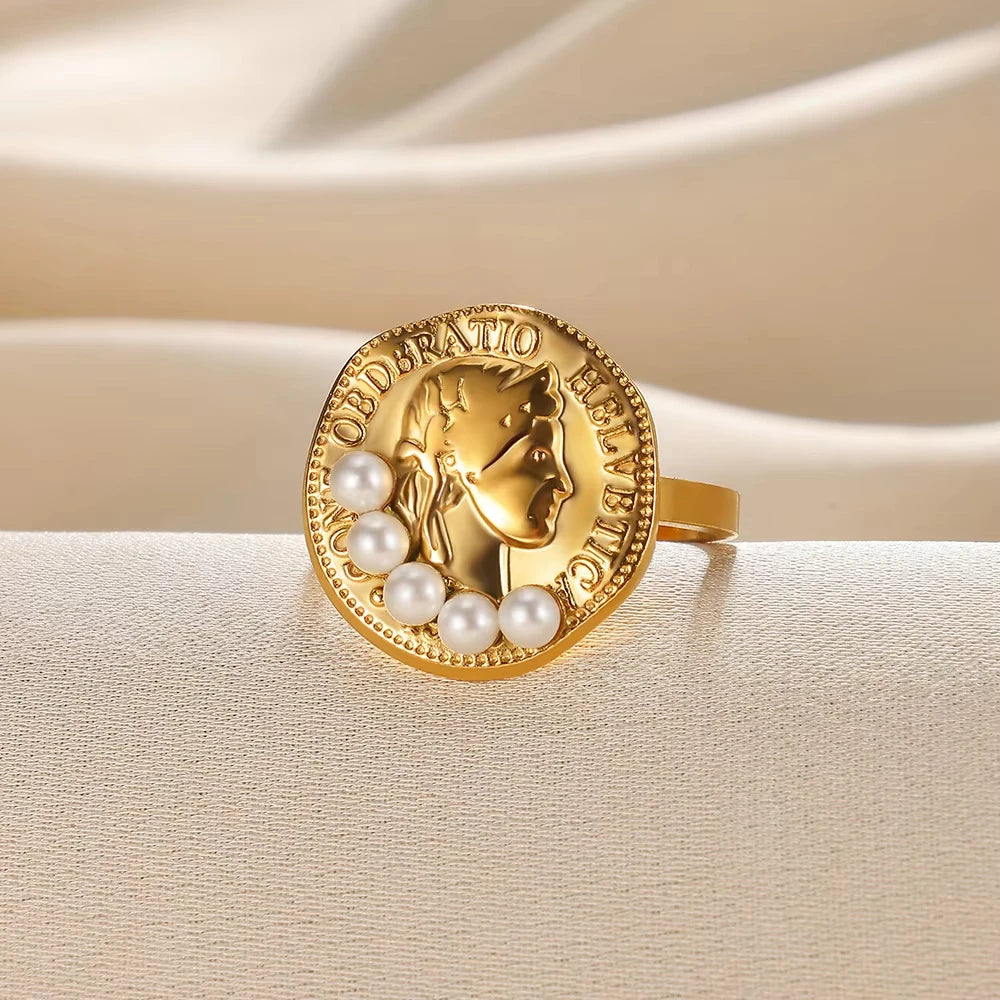 Vintage Stainless Steel Portrait Pearl Zircon Gold Plated  Rings For Women Luxury Coin Imitation Finger Ring Personality Jewelry
