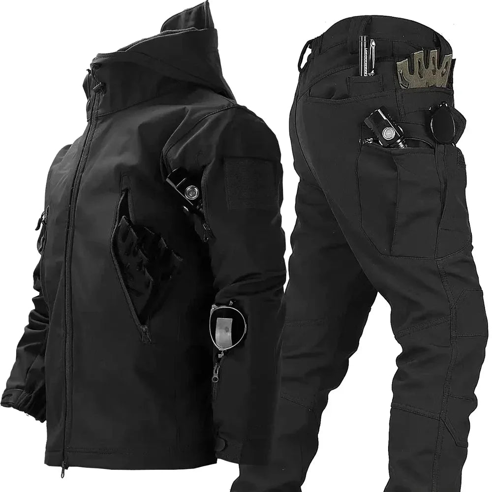 New Suits for Men Winter Tactical Sets Shark Skin Biker Jacket Hoodie Pants 2 Piece Set Waterproof Workwear Clothes Pockets