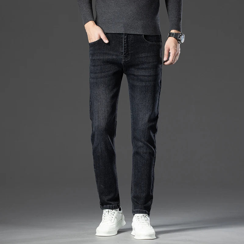 2024 Autumn Winter New High Elasticity Men's Business Jeans Haze Blue Black Gray Denim Trousers Men's Pants Work Clothes Brand