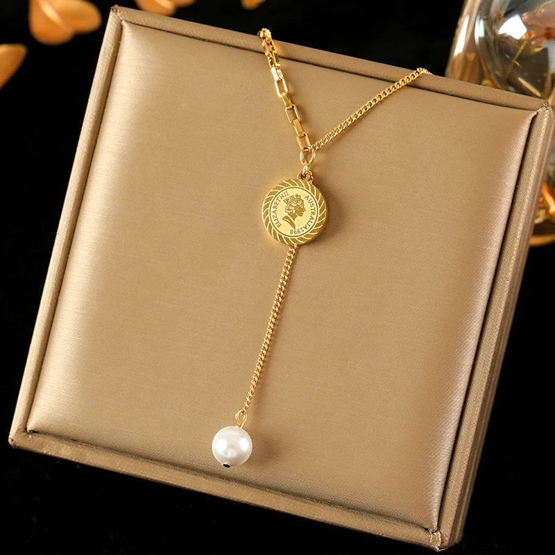 EILIECK 316L Stainless Steel Portrait Coin Pendant Necklace For Women Fashion 18K Gold Plated Neck Chain Waterproof Jewelry Gift