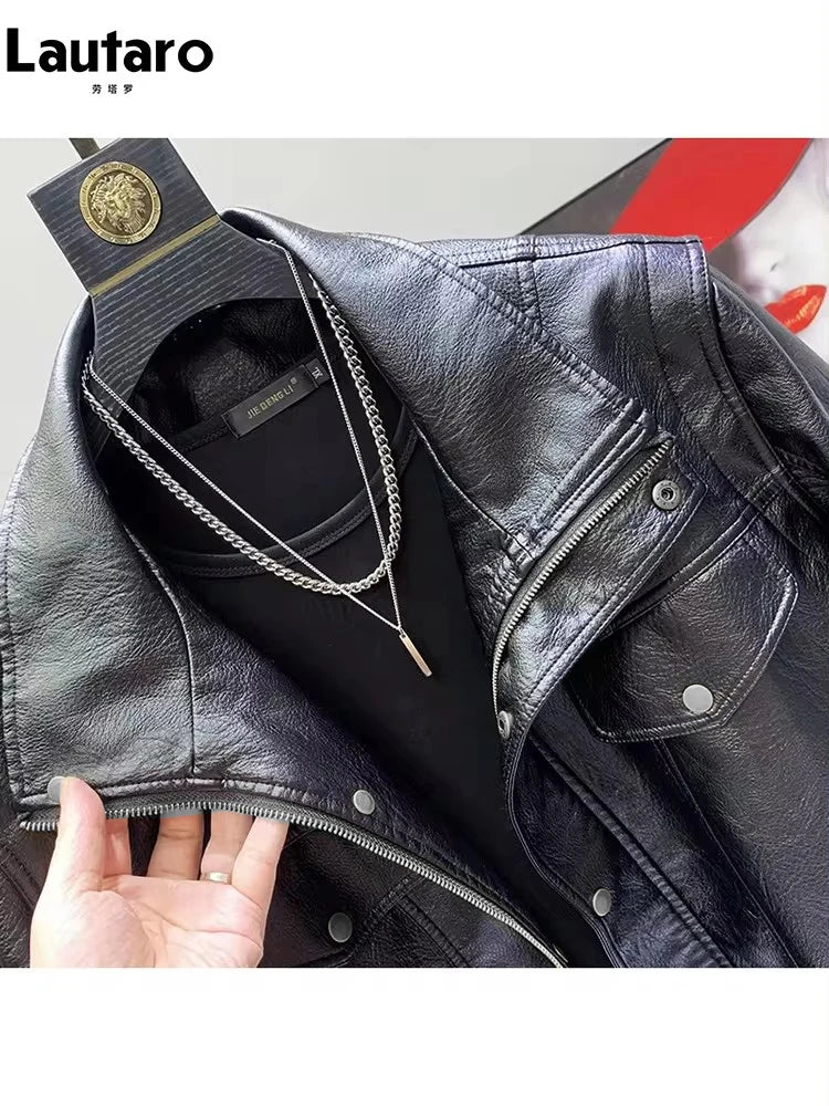 Lautaro Autumn Winter Cool Oversized Black Thickened Warm Pu Leather Jacket Men Stand Collar Zip Up Luxury Designer Clothes 2023