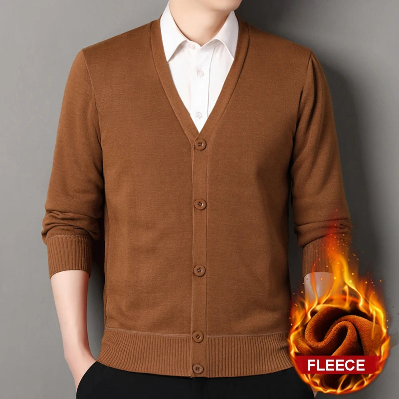 Mens Autumn Clothes Fleece Cardigan Jacket Knitted Sweater Outwear V-neck Fashion Cardigans Warm Men's Top