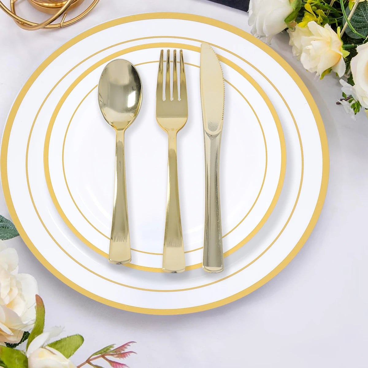 50Pieces White Gold Plastic Tableware Set  for Birthday Party, Baby Shower, Wedding Party Supplies