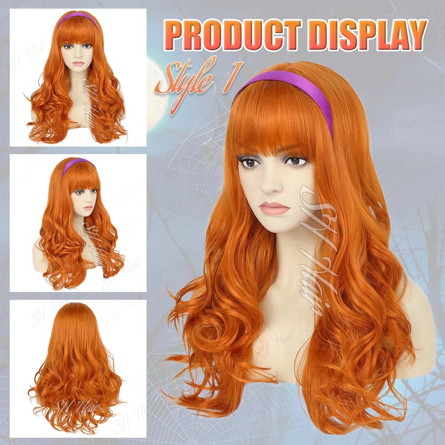 Synthetic Long Curly Orange Wig+Purple Headband Daphne Wig,Brown Wig with Bangs+Glasses+Magnifying Glass Velma Wig for Halloween