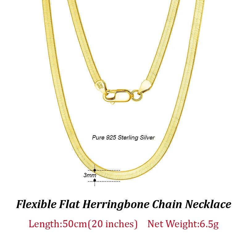 Rinntin 925 Sterling Silver Unique 3mm Gold Flat Herringbone Snake Chain for Women Punk Blade Neck Chain Necklace Jewelry SC35
