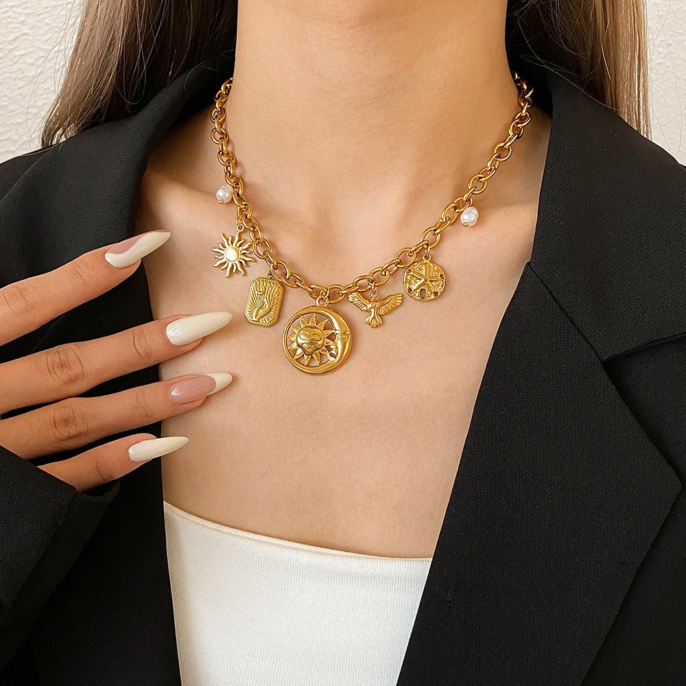 Vintage Stainless Steel Sun Moon Pendant Necklace for Women Men Gold Color Chunky Chain Necklace Waterproof Jewelry on the Neck