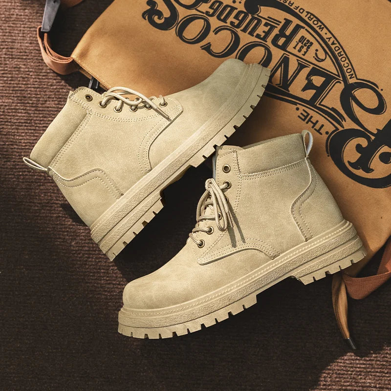 Classic Black Men's Motorcycle Shoes Autumn Winter Platform Leather Boots Man Outdoor Lace-Up Ankle Boots for Men Botas Hombre