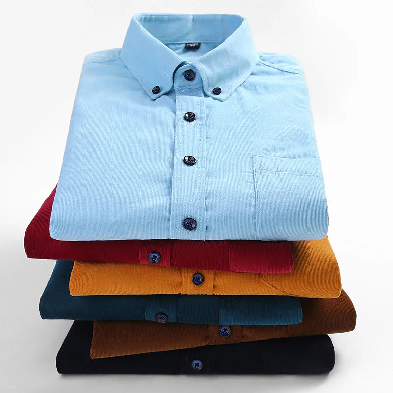 Men Casual Shirts Soft Leisure Solid Regular Fit Cotton Corduroy Long Sleeved Warm Man's Shirt New Easy Care  Oversized Clothes