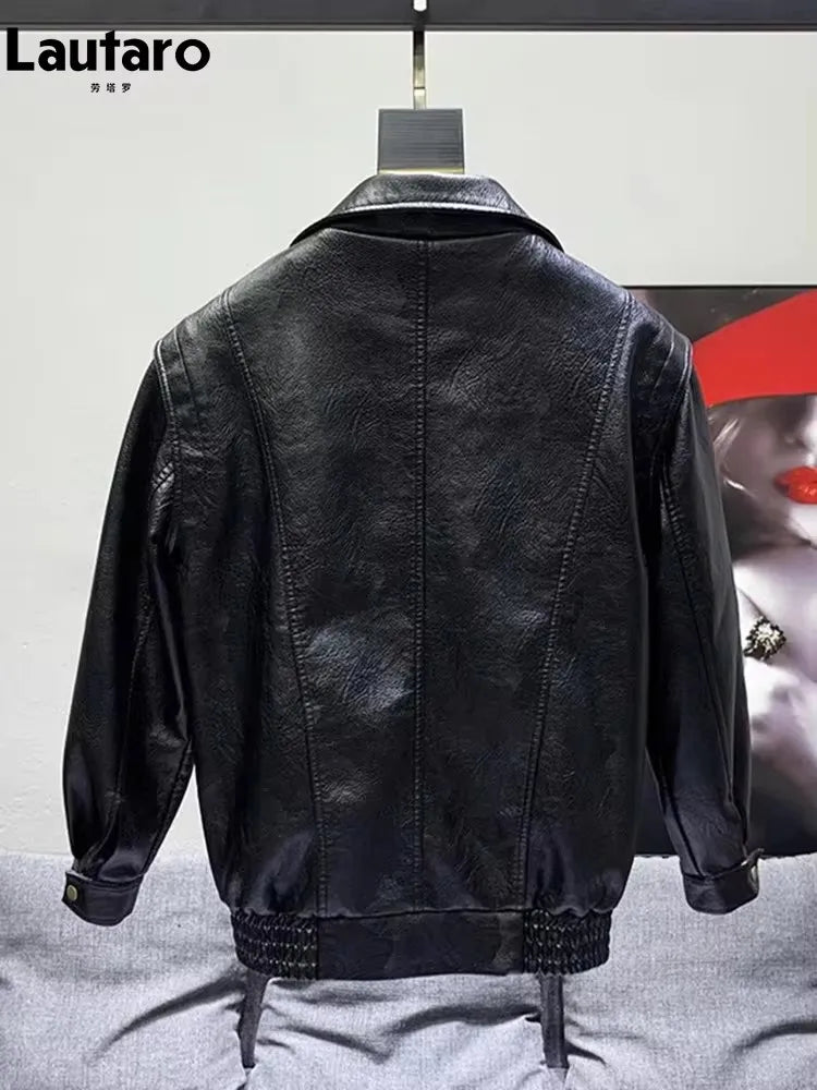 Lautaro Autumn Winter Cool Oversized Black Thickened Warm Pu Leather Jacket Men Stand Collar Zip Up Luxury Designer Clothes 2023
