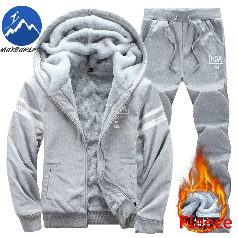 2025 Large Winter Mens Casual Sports Plush Set Hooded Coat + Pants Korean Edition Warm Thick Two Piece Set Fleece Clothes Men