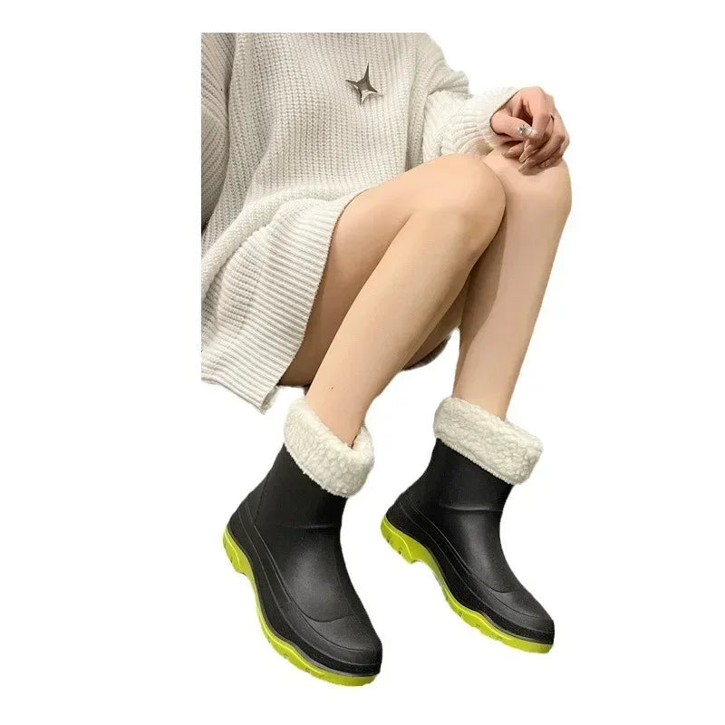 Fashion rain shoes women's winter cotton non-slip medium tube water boots short tube rain boots car wash kitchen rubber shoes