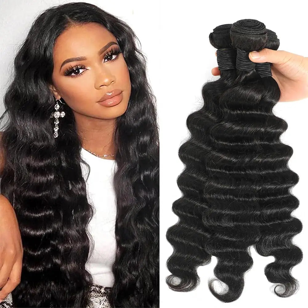 Loose Deep Wave Bundles Human Hair 3 Bundles 22 24 26 Inch 100% Unprocessed Human Hair Can Be Dyed and Bleached Natural Black