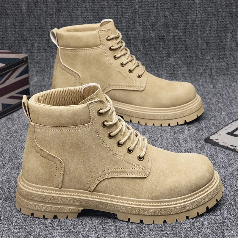 Classic Black Men's Motorcycle Shoes Autumn Winter Platform Leather Boots Man Outdoor Lace-Up Ankle Boots for Men Botas Hombre