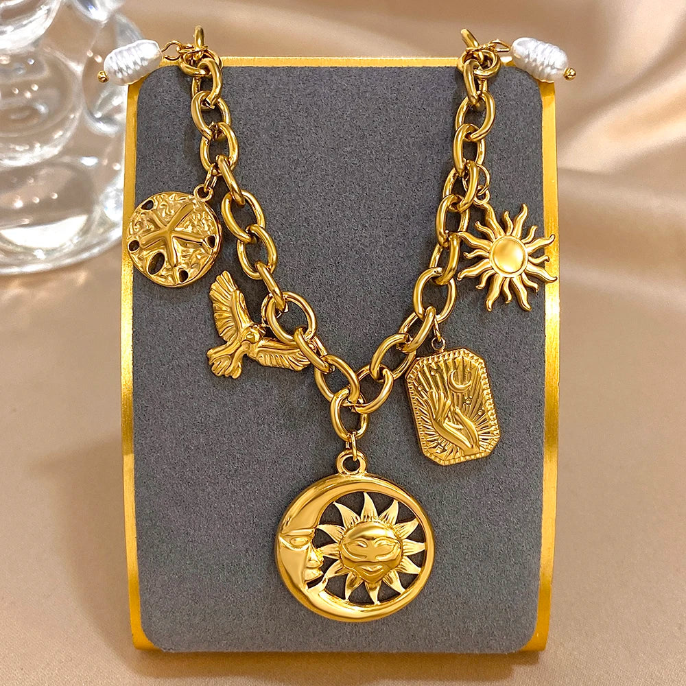 Vintage Stainless Steel Sun Moon Pendant Necklace for Women Men Gold Color Chunky Chain Necklace Waterproof Jewelry on the Neck