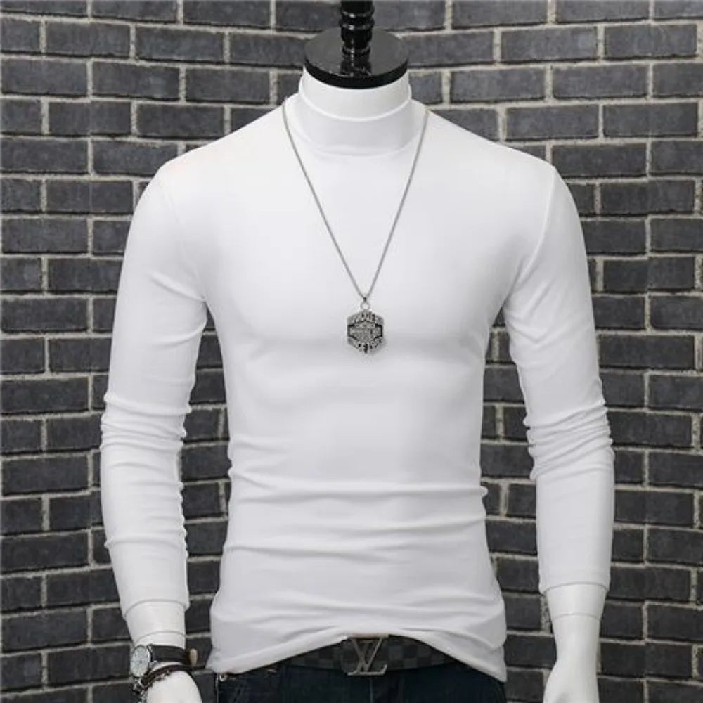 Fashion Men's Autumn Winter T-Shirt Casual Turtleneck High Collar Long Sleeves Solid Color Slim Top Clothes Outerwear Undershirt
