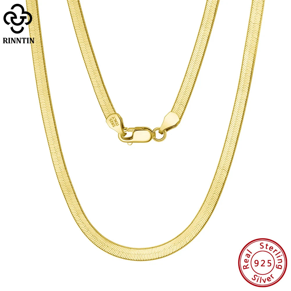 Rinntin 925 Sterling Silver Unique 3mm Gold Flat Herringbone Snake Chain for Women Punk Blade Neck Chain Necklace Jewelry SC35