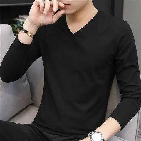 Men's Autumn Winter Ice Silk Long Sleeve T-Shirt Pure Color V-Neck Undershirt White Clothes New Trendy Inner Top Bottoming Shirt