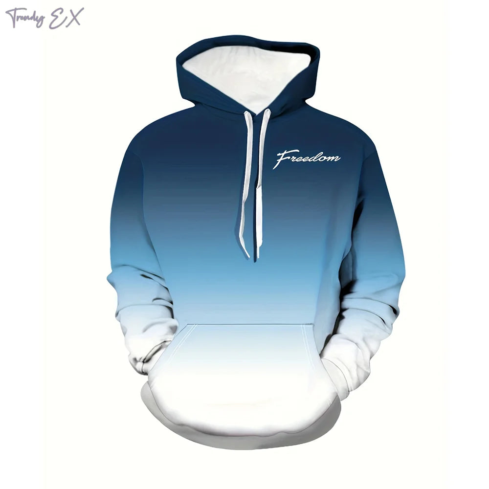 Hooded Sweatshirt Man Fashion Gradient Paris Print Polyester Casual Top Pullover with Slight Stretch Fall Winter Clothes for Men