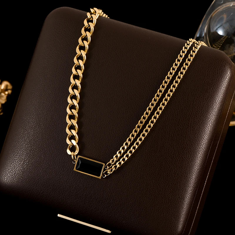 GANEMLY 316L Stainless Steel Black Crystal Necklace For Women Trendy Waterproof Neck Chain 18K Gold Plated Jewelry Femme Gift