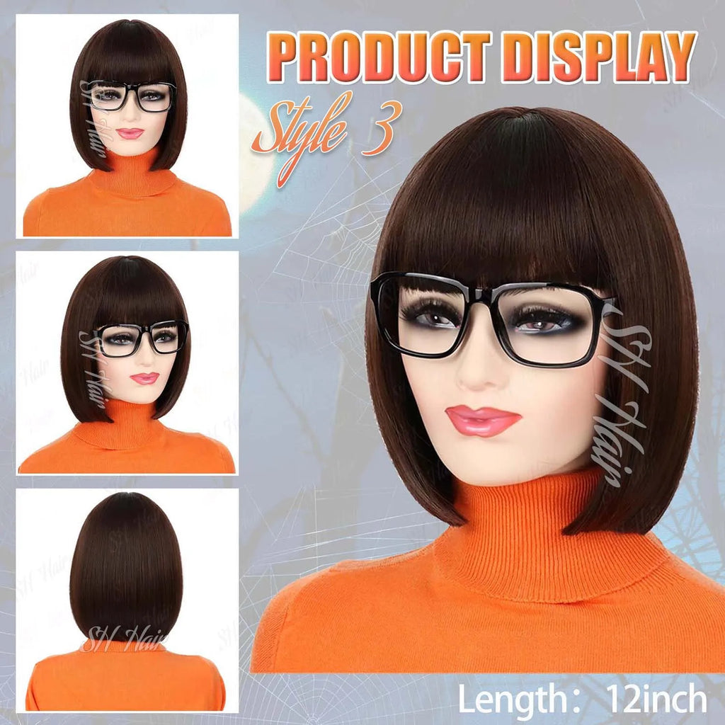 Synthetic Long Curly Orange Wig+Purple Headband Daphne Wig,Brown Wig with Bangs+Glasses+Magnifying Glass Velma Wig for Halloween