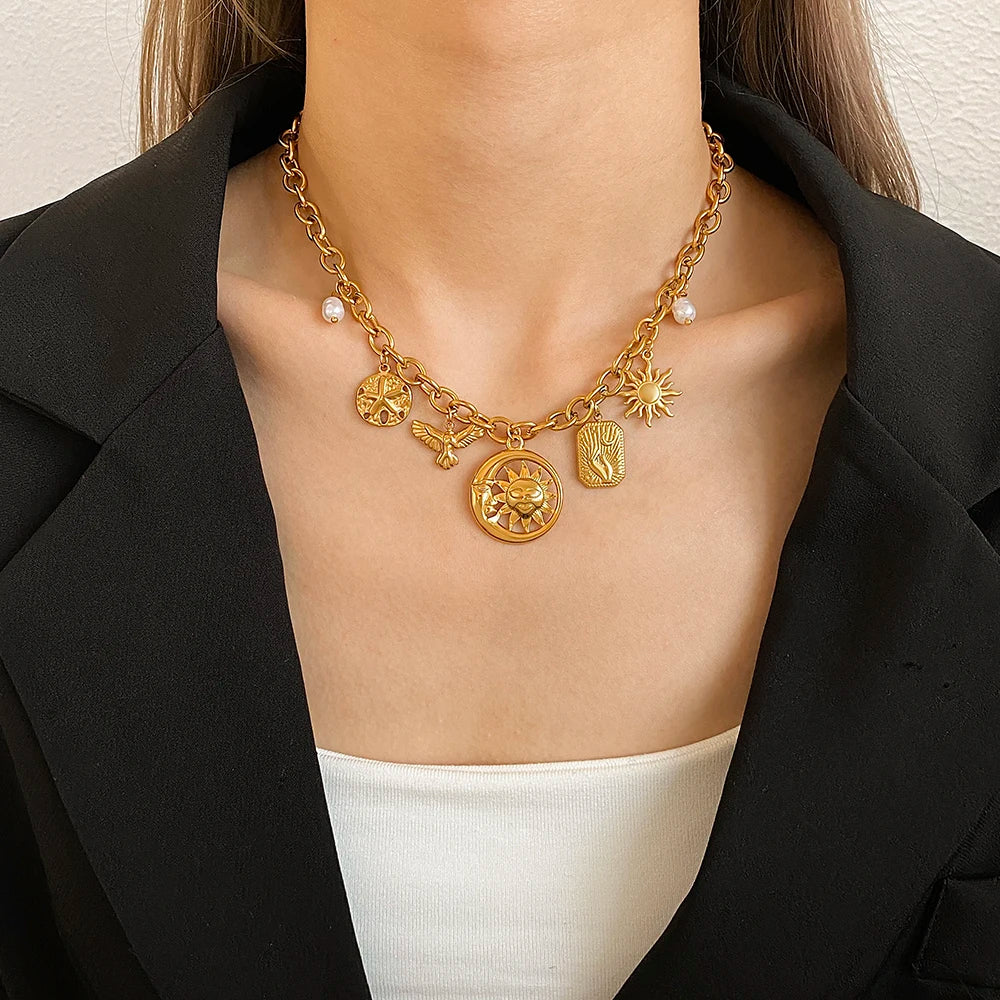 Vintage Stainless Steel Sun Moon Pendant Necklace for Women Men Gold Color Chunky Chain Necklace Waterproof Jewelry on the Neck