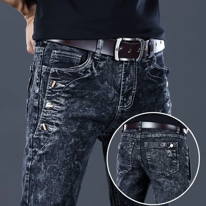 Autumn Winter Brushed Cowboy Luxury Slim Designer Clothes Male Korean Style Denim Skinny Plush Grey Jean Pants Trousers for Men