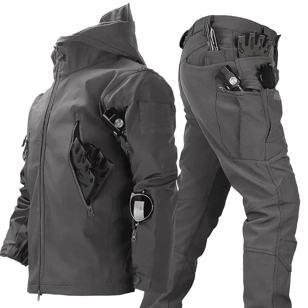 New Suits for Men Winter Tactical Sets Shark Skin Biker Jacket Hoodie Pants 2 Piece Set Waterproof Workwear Clothes Pockets
