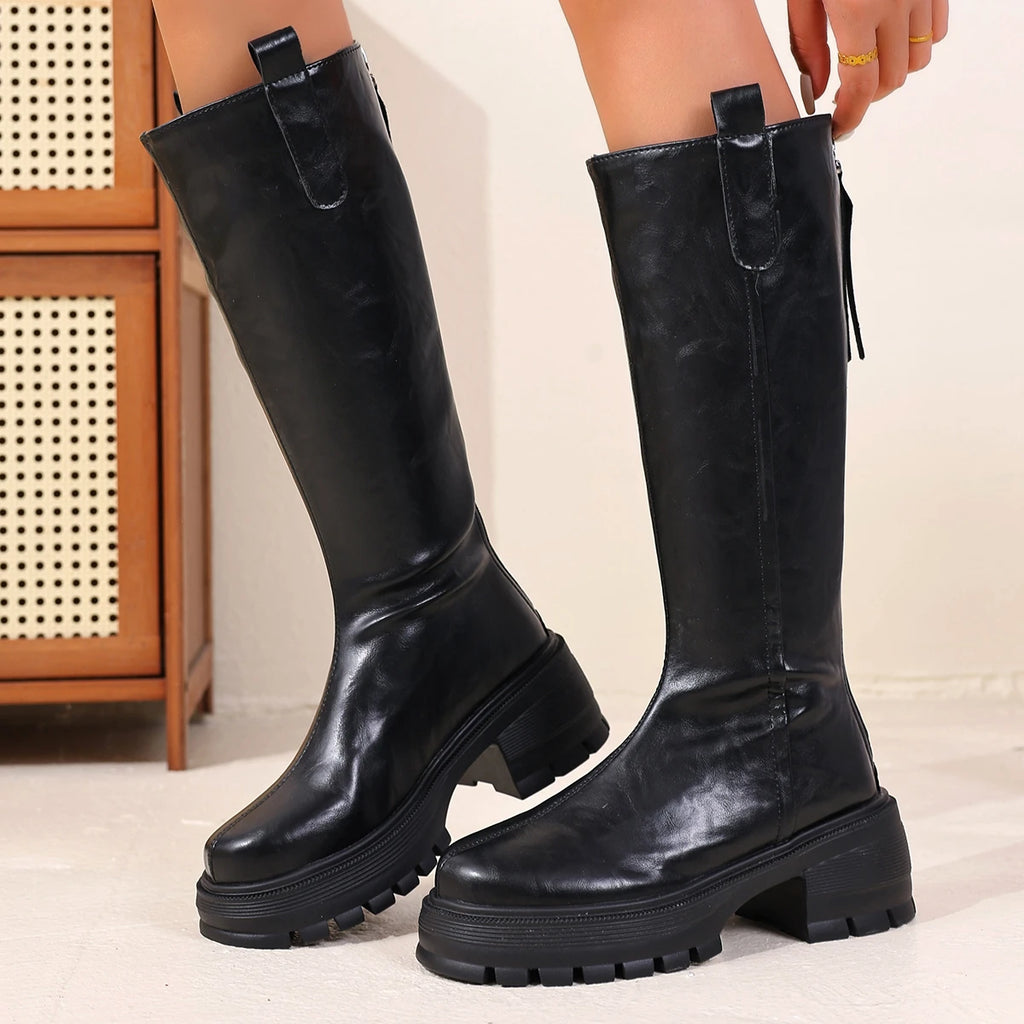 Thick Bottom Vintage Brown Knee High Boots Women 2025 Winter Chunky Platform High Heel Riding Boots Classic Black Long Booties