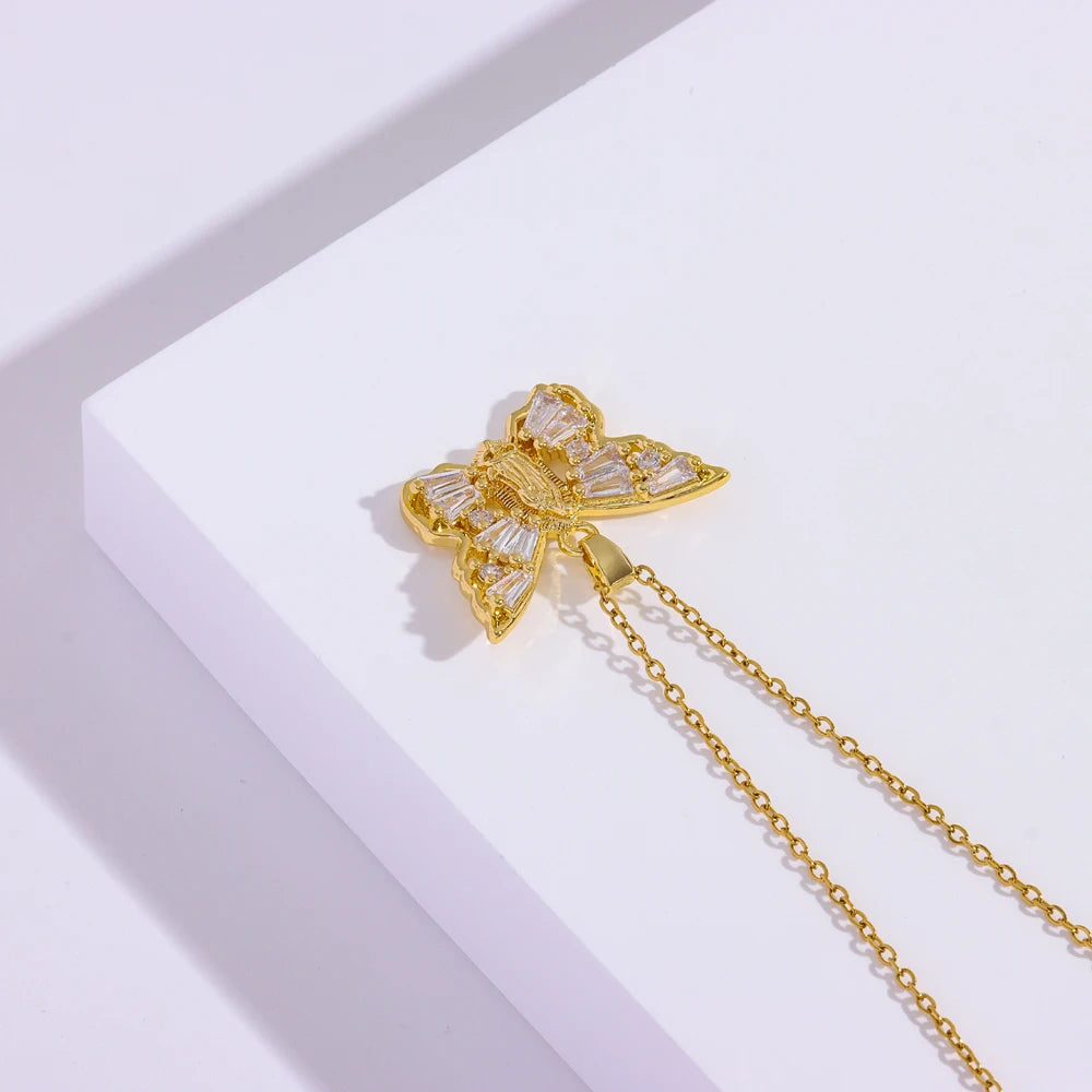 18K Gold Plated Virgin Mary Butterfly Pendant Necklaces For Women Female Daily Wear Stainless Steel Neck Chain Jewelry Ladies