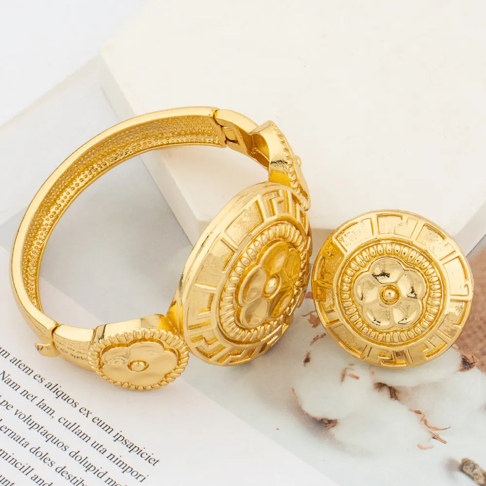 Dubai Bangle with Ring Set for Women New Design Gold Plated Hand Bracelet with Finger Ring Set Wedding Party Jewelry Engagement