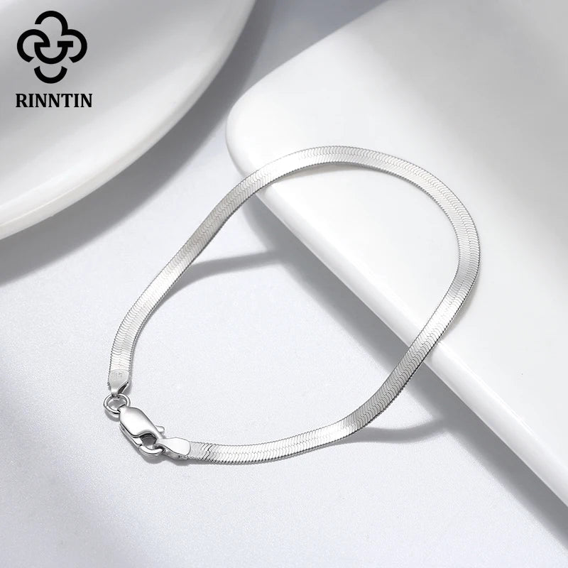 Rinntin 925 Sterling Silver Unique 3mm Gold Flat Herringbone Snake Chain for Women Punk Blade Neck Chain Necklace Jewelry SC35