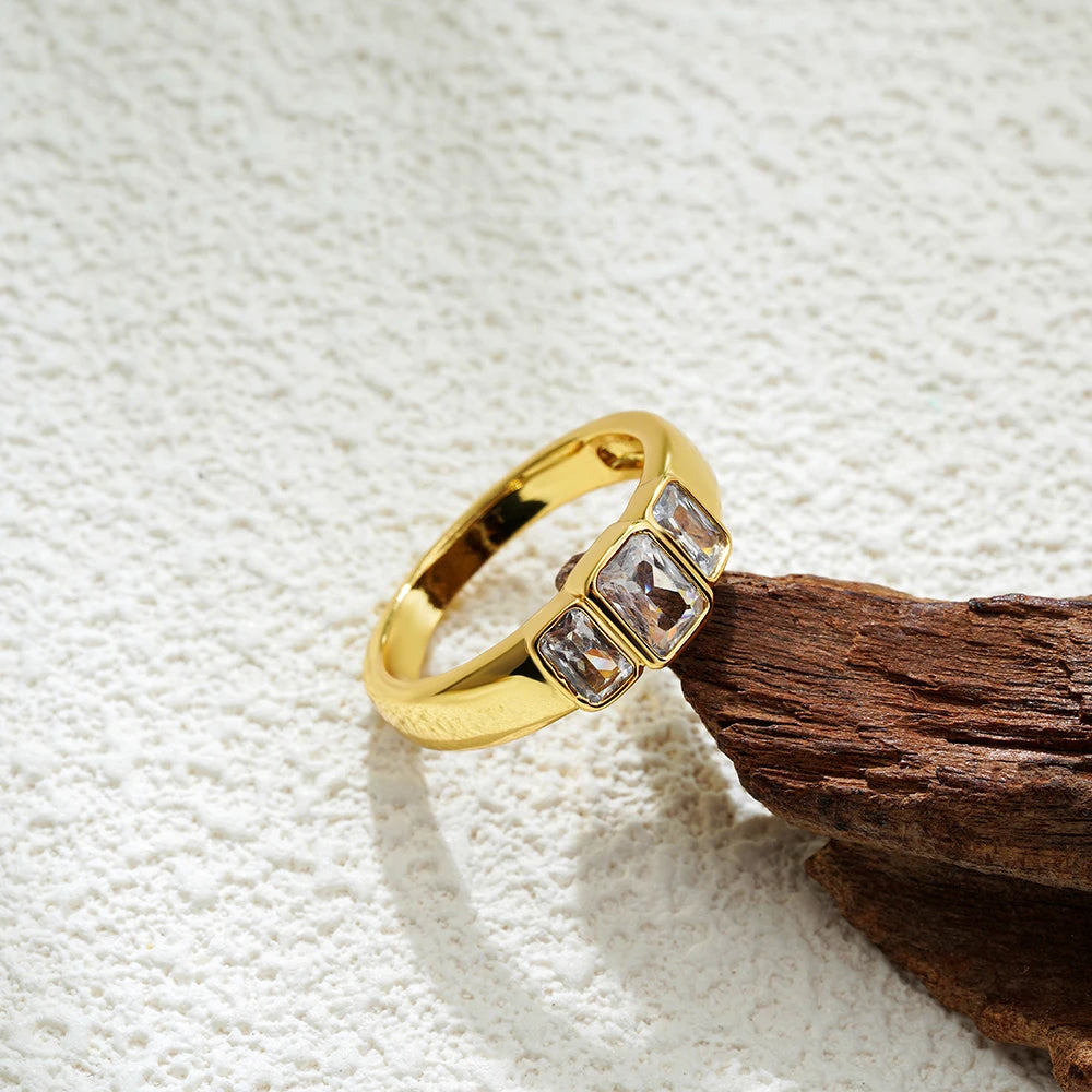 Stainless Steel Square Crystal Zircon Rings 18K Gold Plated Waterproof Simple CZ Finger Ring Wedding Jewelry Accessories Anillos