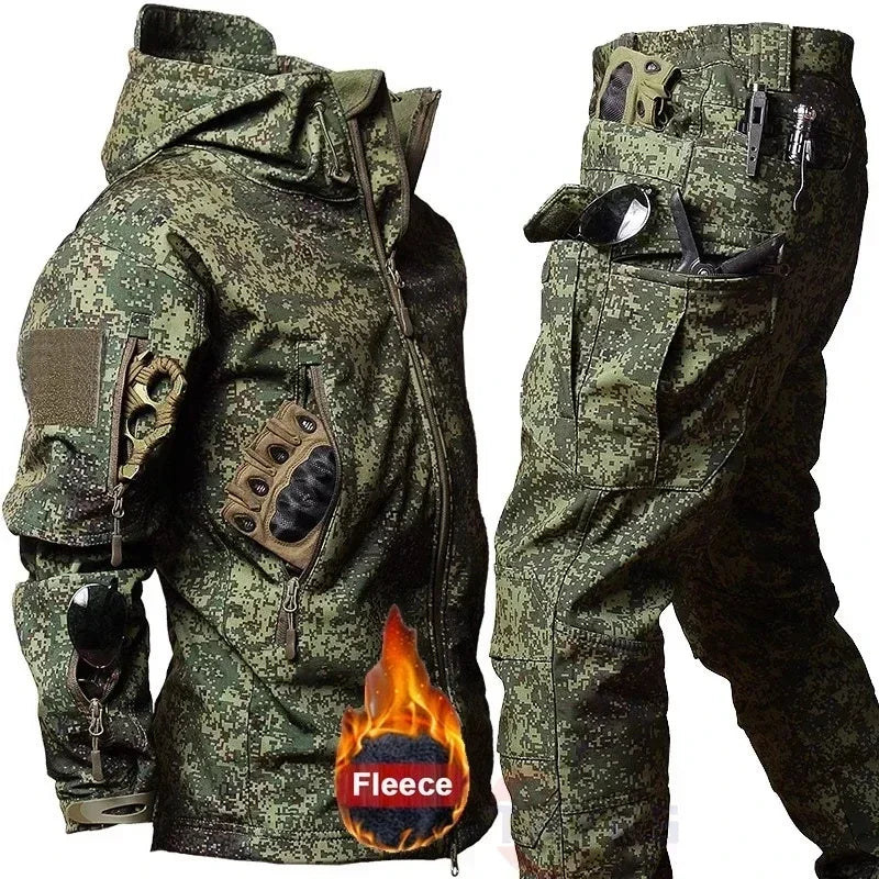 New Suits for Men Winter Tactical Sets Shark Skin Biker Jacket Hoodie Pants 2 Piece Set Waterproof Workwear Clothes Pockets