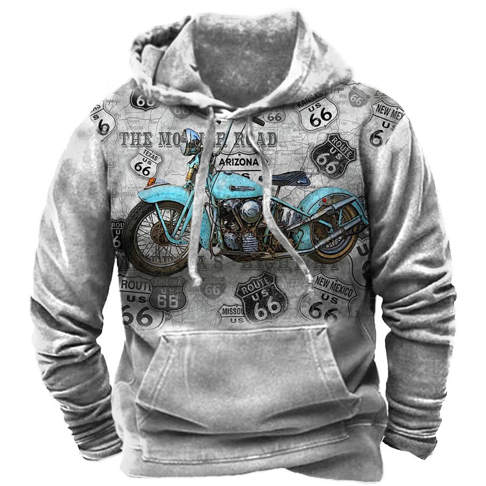 Vintage 66 Route Pullovers For Men Printed Biker Motor Sweatshirt Man Clothes Oversized Long Sleeve Top Tee Shirt Men's Hoodies