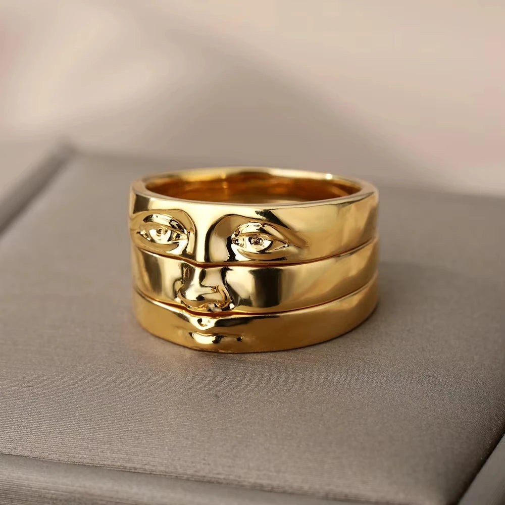 Vintage Stainless Steel Portrait Pearl Zircon Gold Plated  Rings For Women Luxury Coin Imitation Finger Ring Personality Jewelry