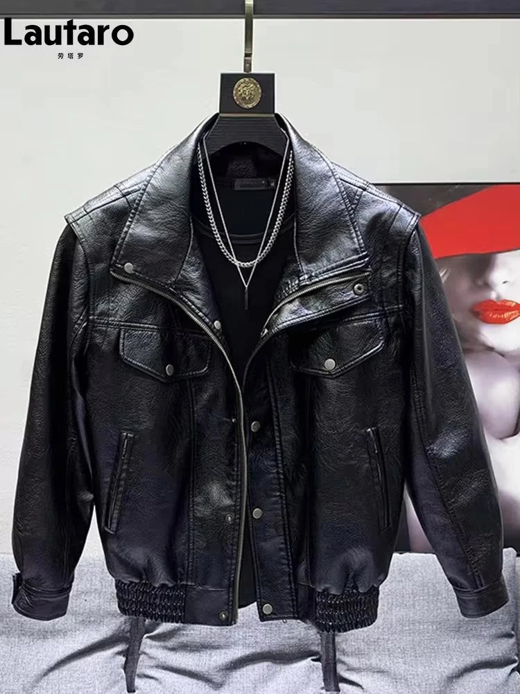 Lautaro Autumn Winter Cool Oversized Black Thickened Warm Pu Leather Jacket Men Stand Collar Zip Up Luxury Designer Clothes 2023