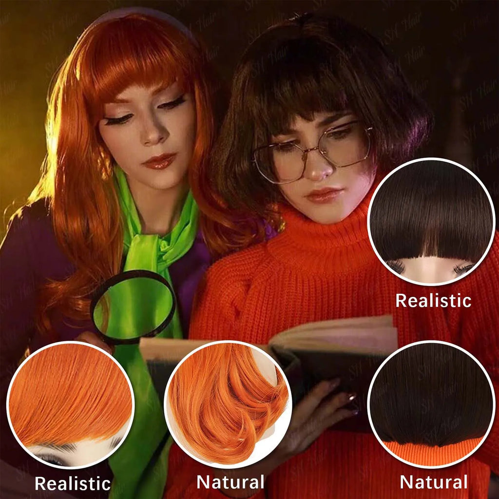 Synthetic Long Curly Orange Wig+Purple Headband Daphne Wig,Brown Wig with Bangs+Glasses+Magnifying Glass Velma Wig for Halloween