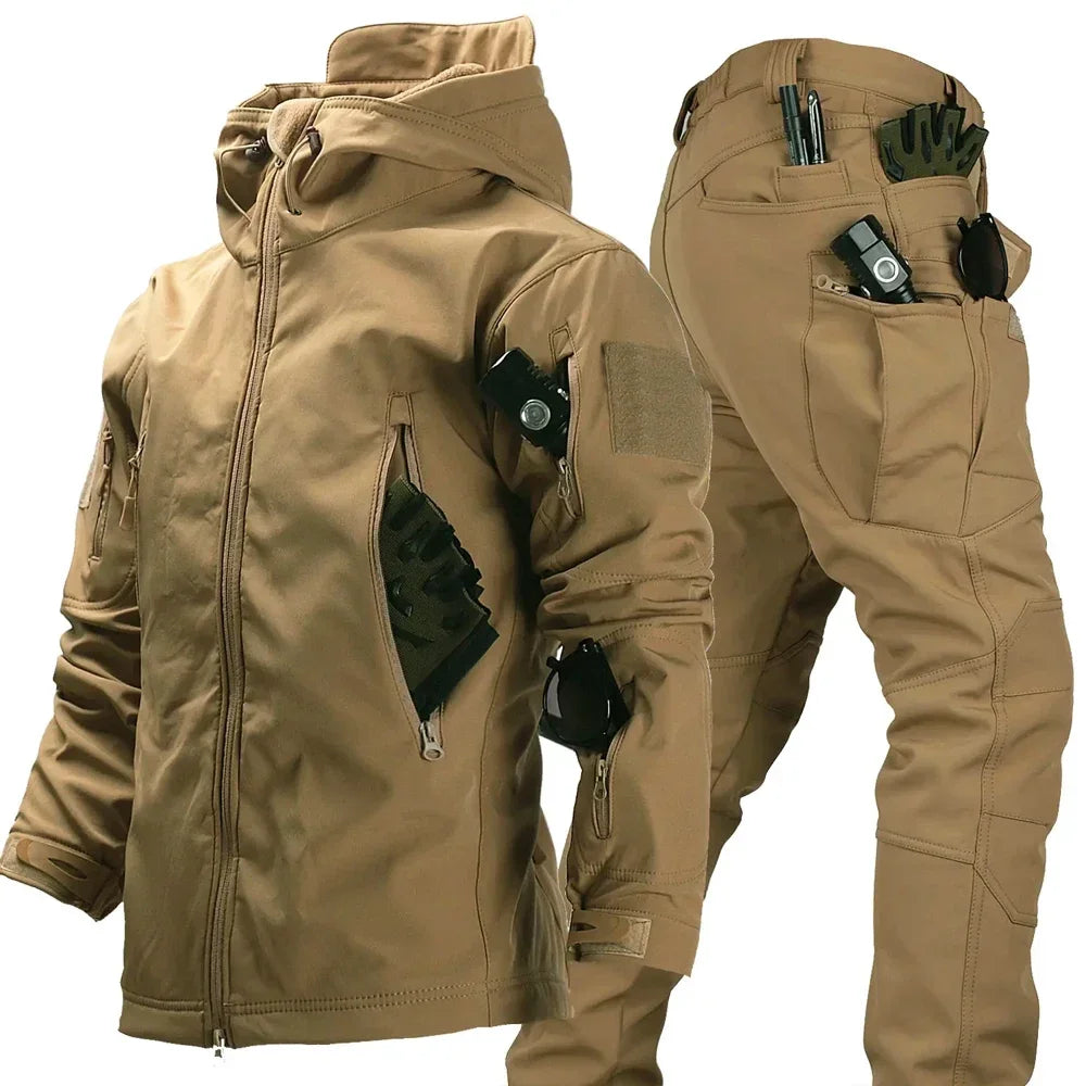 New Suits for Men Winter Tactical Sets Shark Skin Biker Jacket Hoodie Pants 2 Piece Set Waterproof Workwear Clothes Pockets